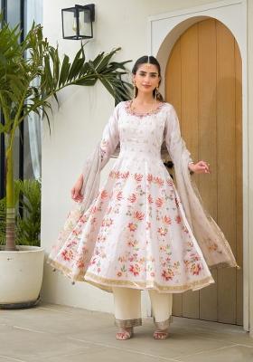 White Printed Silk Kurta Set