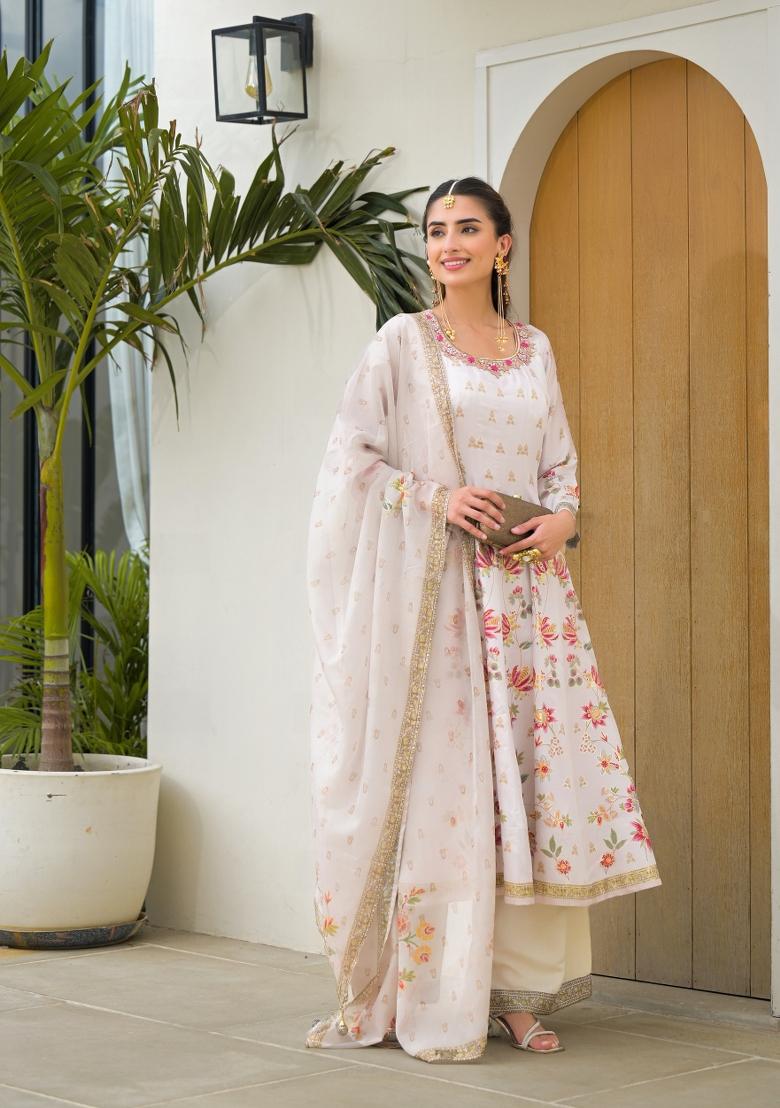 White Printed Silk Kurta Set - Indya