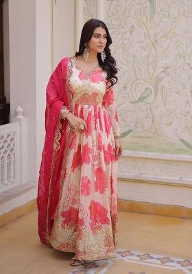 Pink Printed Silk Gown With Dupatta