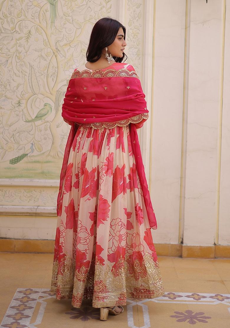 Pink Printed Silk Gown With Dupatta - Indya