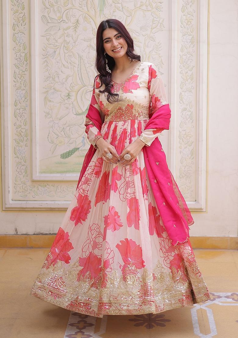 Pink Printed Silk Gown With Dupatta - Indya