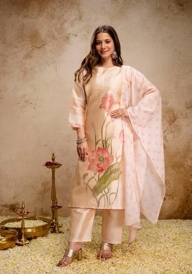 Cream Printed Silk Kurta Set