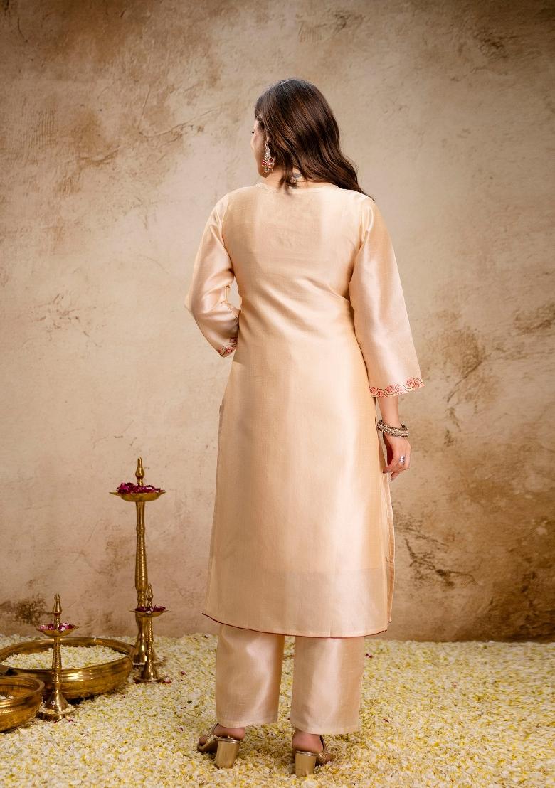 Cream Printed Silk Kurta Set - Indya