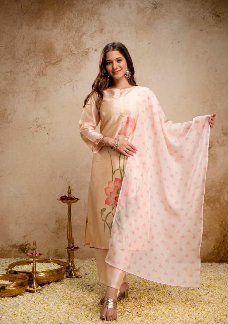 Cream Printed Silk Kurta Set - Indya