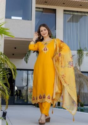 Yellow Embroidery Chanderi Kurta Set