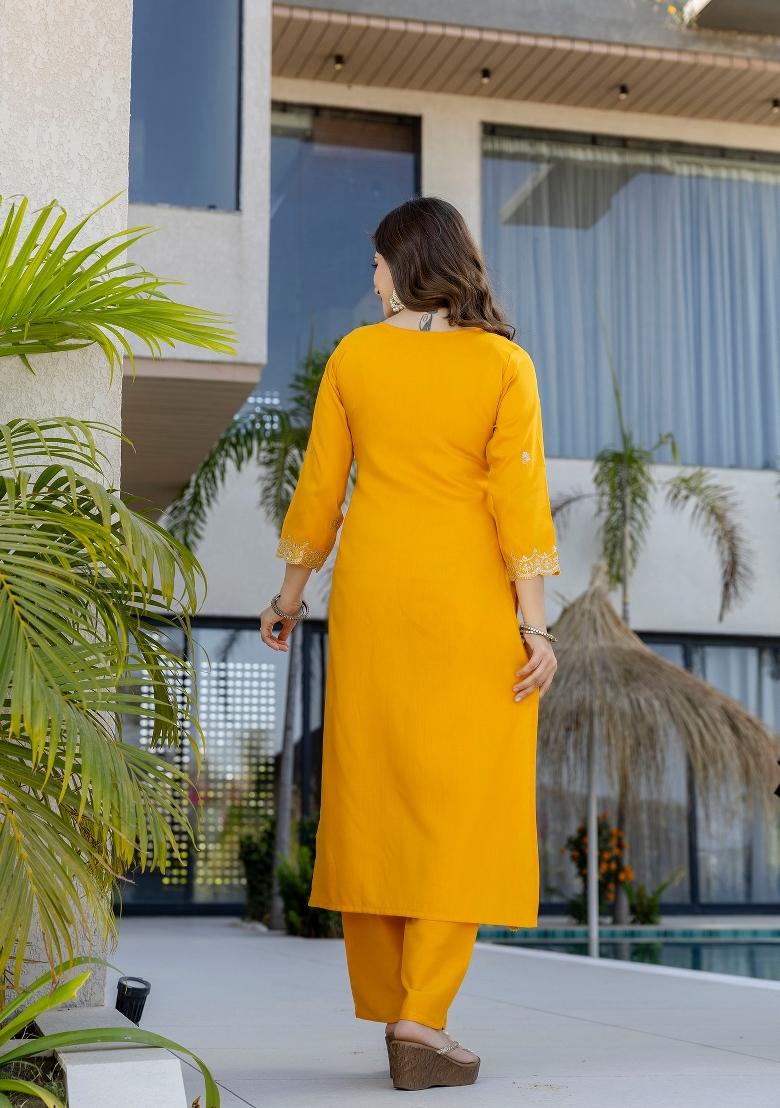 Yellow Embroidery Chanderi Kurta Set - Indya