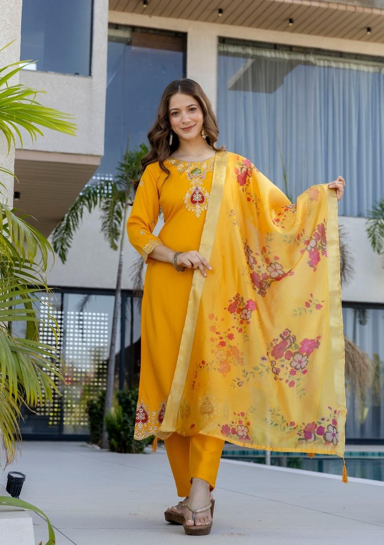Yellow Embroidery Chanderi Kurta Set - Indya