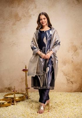 Black Printed Silk Kurta Set