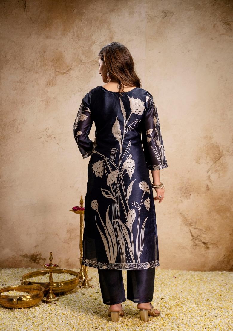 Black Printed Silk Kurta Set - Indya