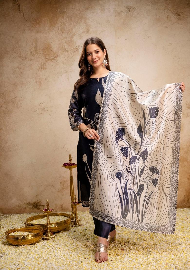 Black Printed Silk Kurta Set - Indya