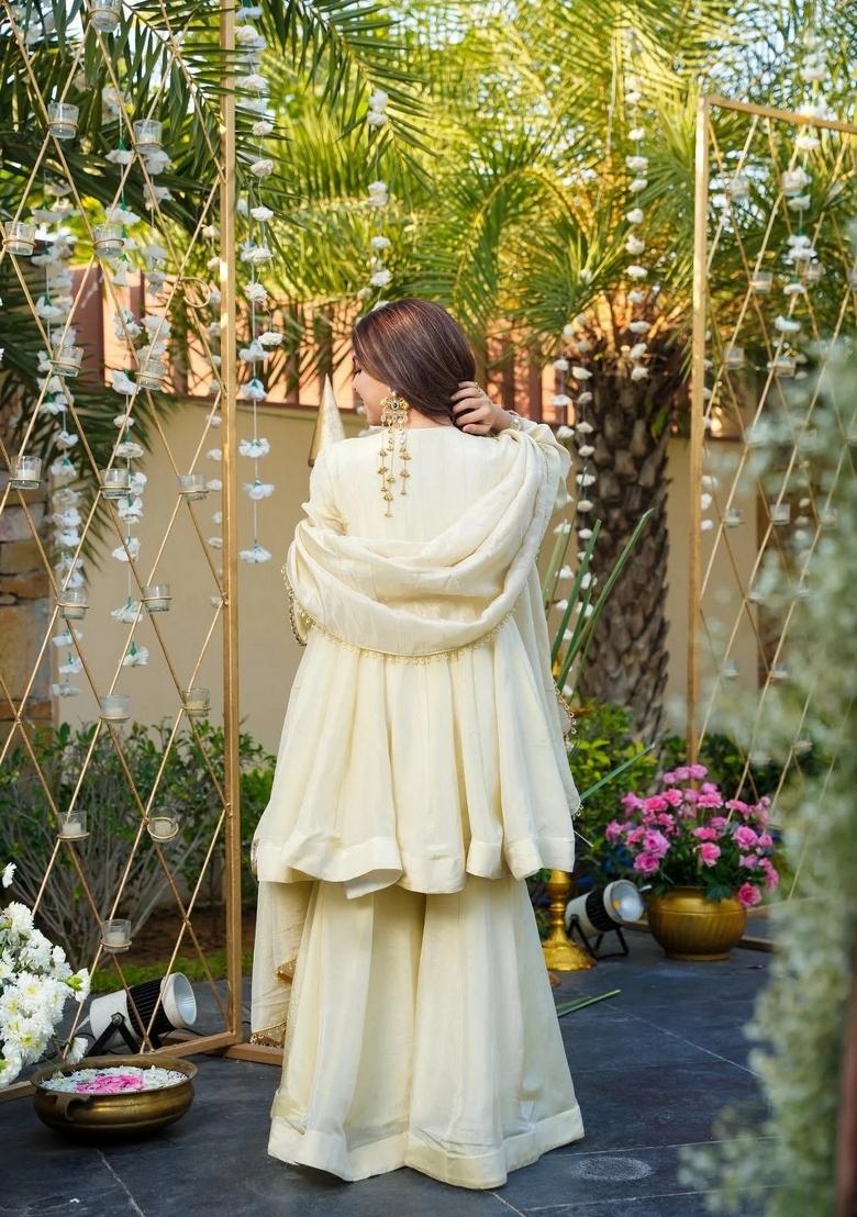 Cream Embroidery Tissue Kurta Set - Indya