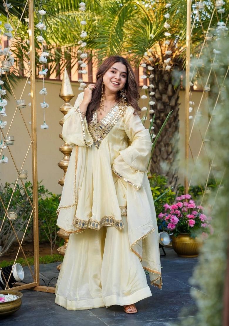 Cream Embroidery Tissue Kurta Set - Indya