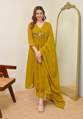 Mustard Embroidery Chanderi Kurta Set