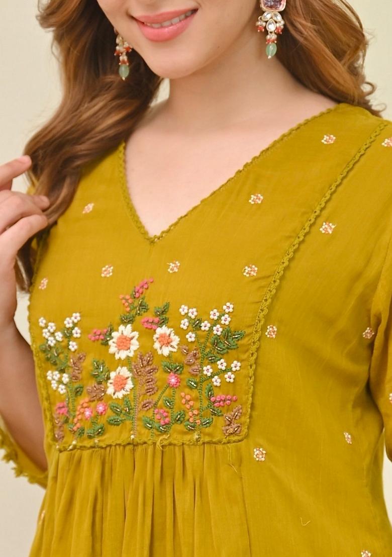 Mustard Embroidery Chanderi Kurta Set - Indya
