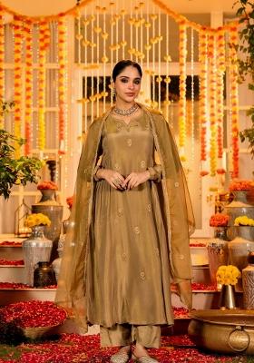 Brown Embroidery Chanderi Kurta Set