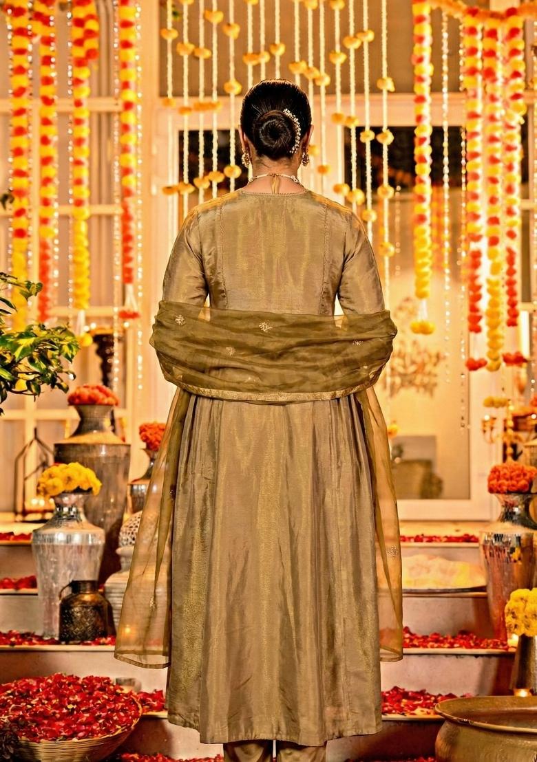 Brown Embroidery Chanderi Kurta Set - Indya