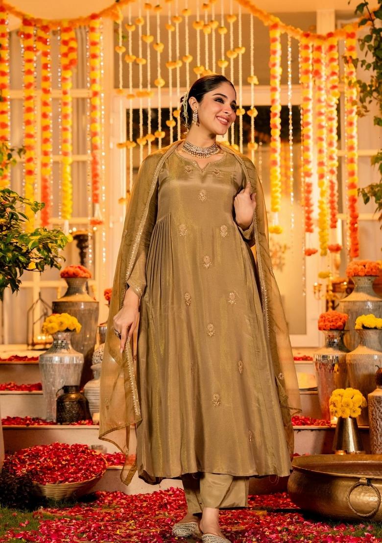 Brown Embroidery Chanderi Kurta Set - Indya