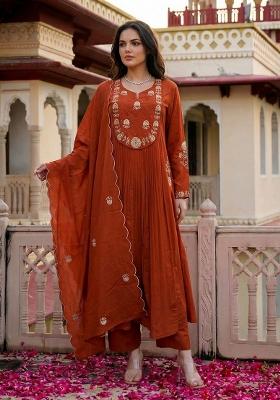Rust Embroidery Chanderi Kurta Set