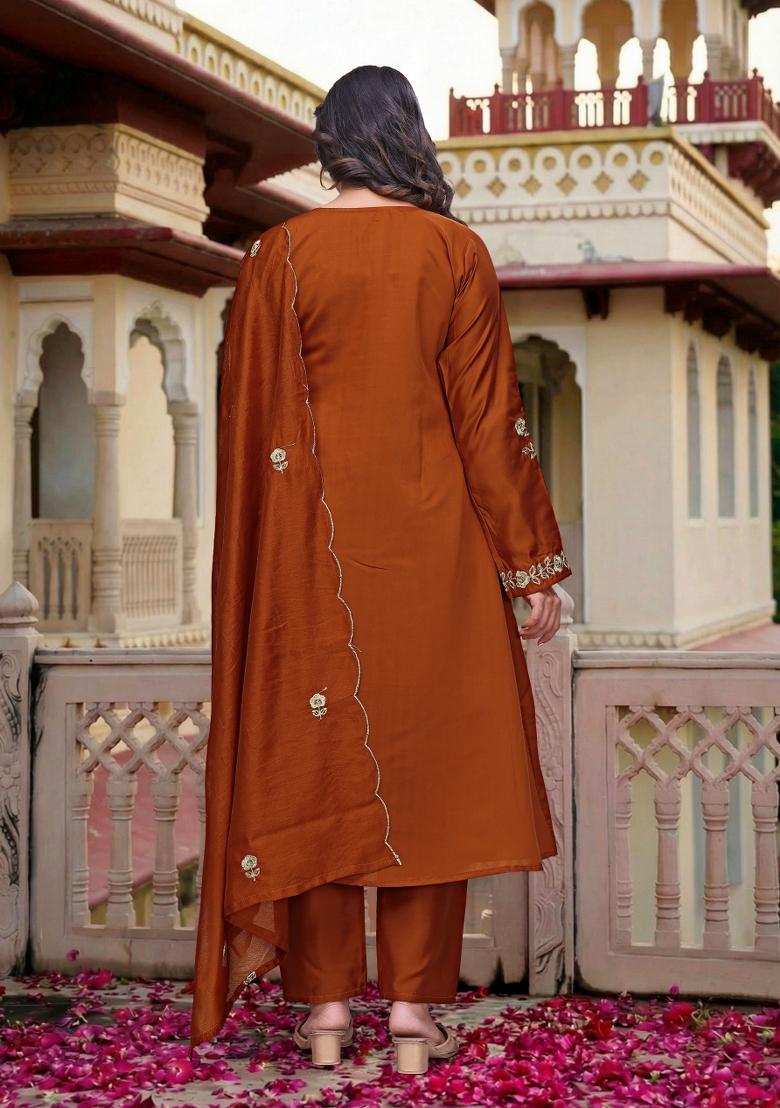 Rust Embroidery Chanderi Kurta Set - Indya