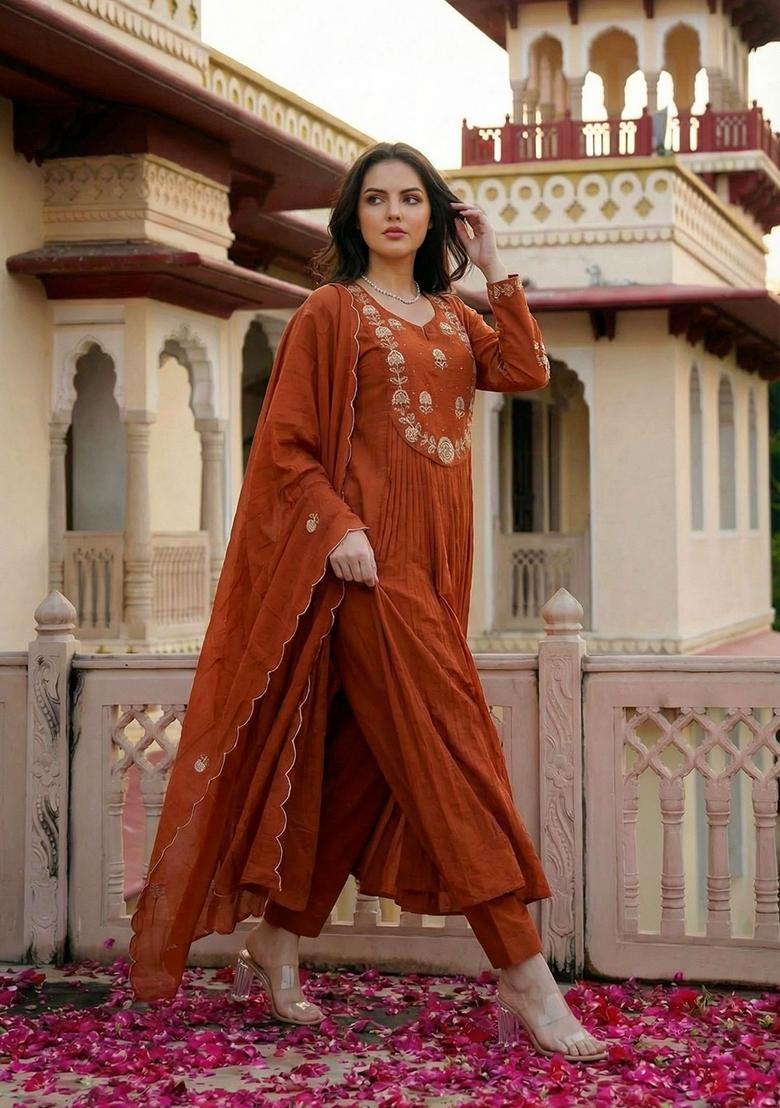 Rust Embroidery Chanderi Kurta Set - Indya