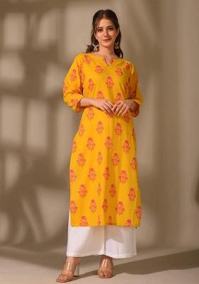 Yellow Printed Cotton Kurta