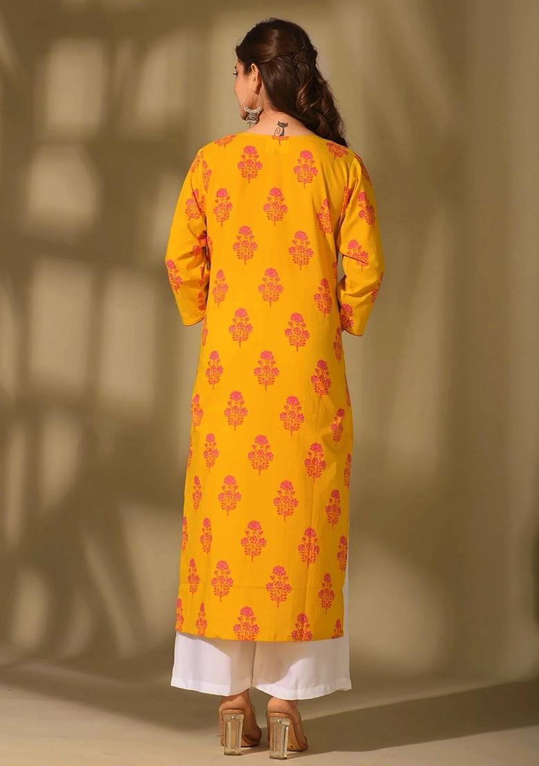 Yellow Printed Cotton Kurta - Indya