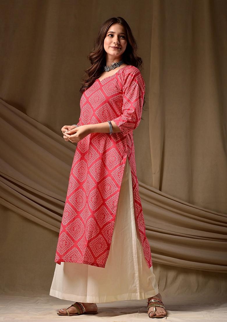Pink Printed Cotton Kurta - Indya