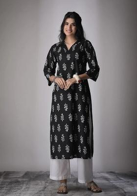 Black Printed Cotton Kurta