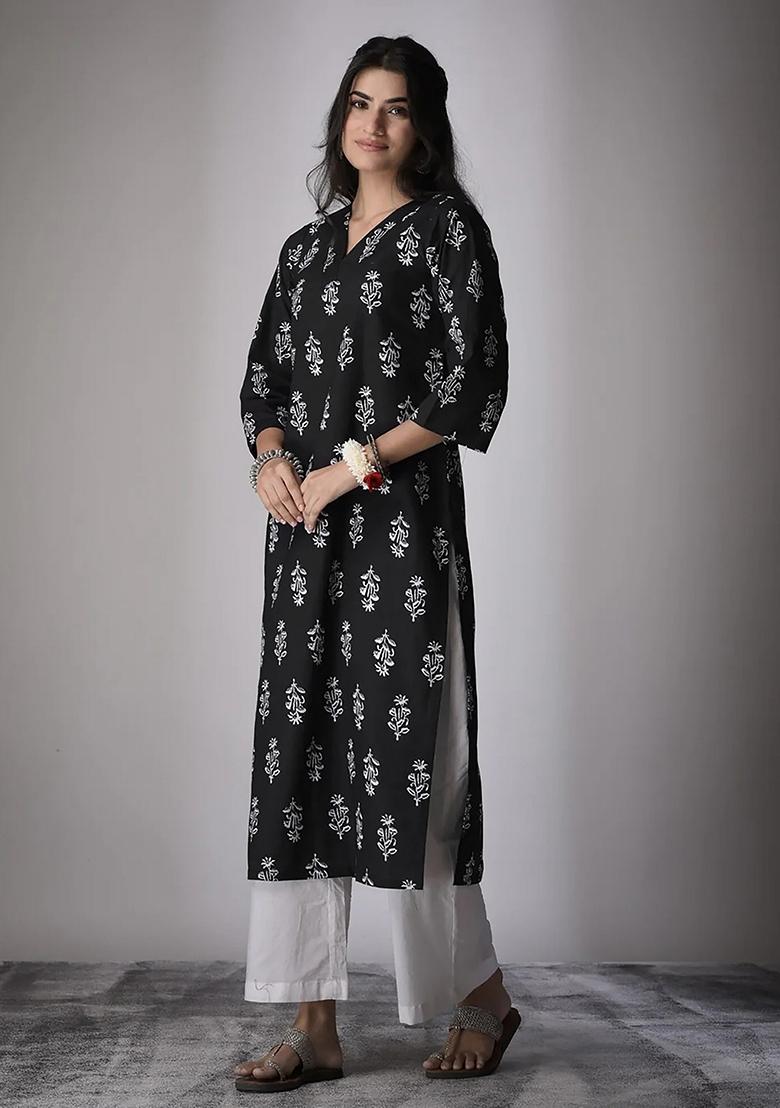 Black Printed Cotton Kurta - Indya