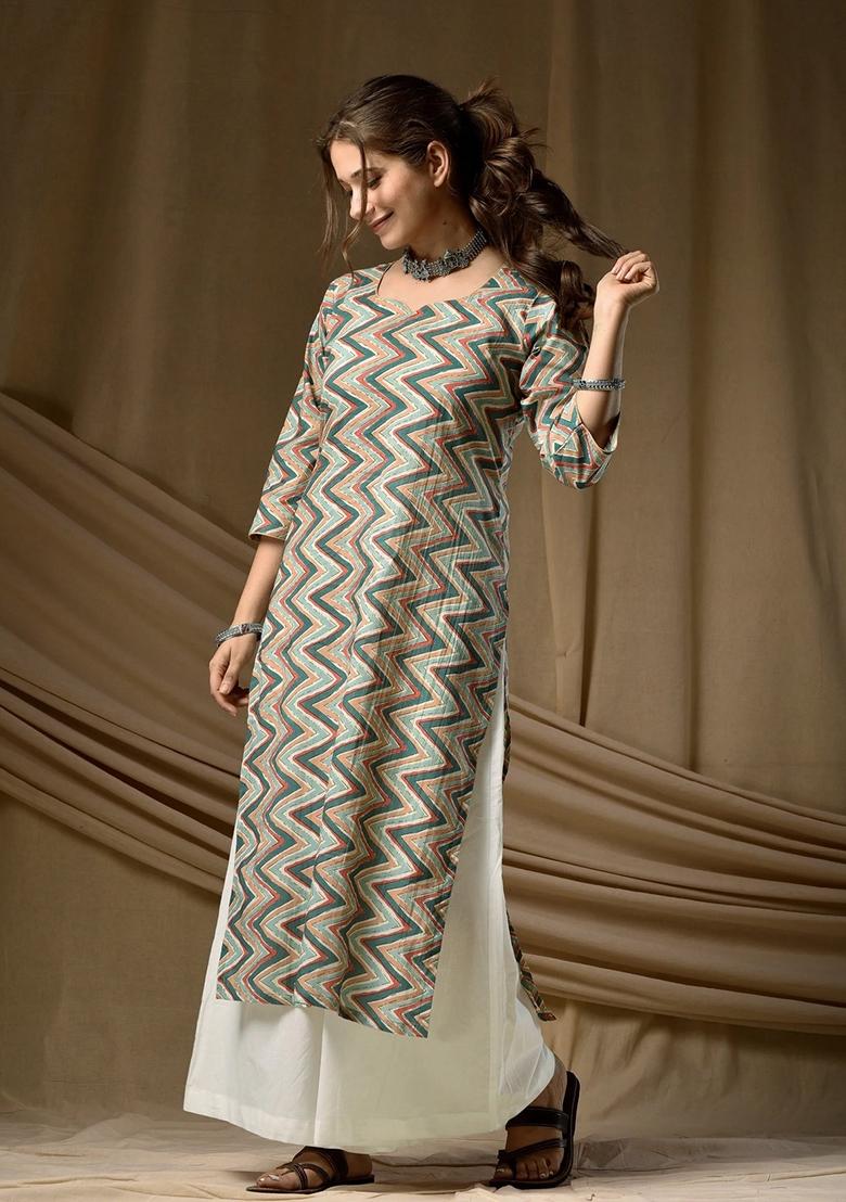 Green Printed Cotton Kurta - Indya