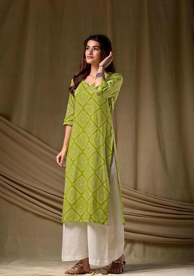 Green Printed Cotton Kurta - Indya