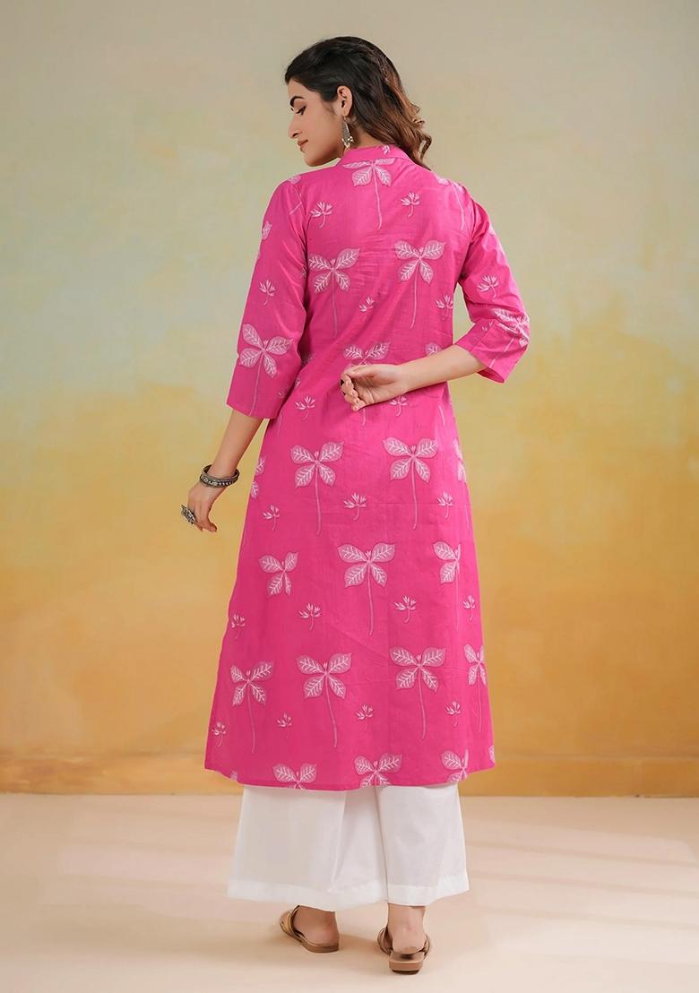 Pink Printed Cotton Kurta - Indya