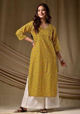 Mustard Printed Cotton Kurta