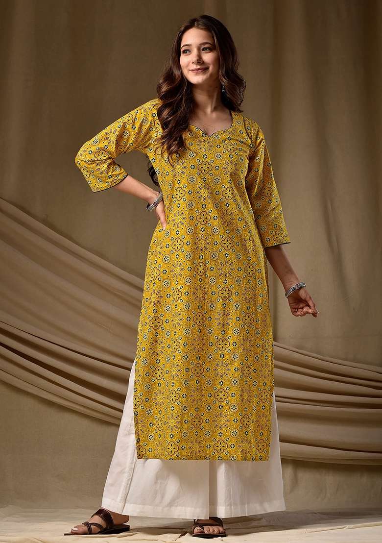 Mustard Printed Cotton Kurta - Indya