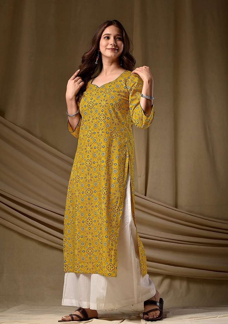 Mustard Printed Cotton Kurta - Indya