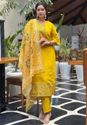 Yellow Sequin Work Silk Kurta Set