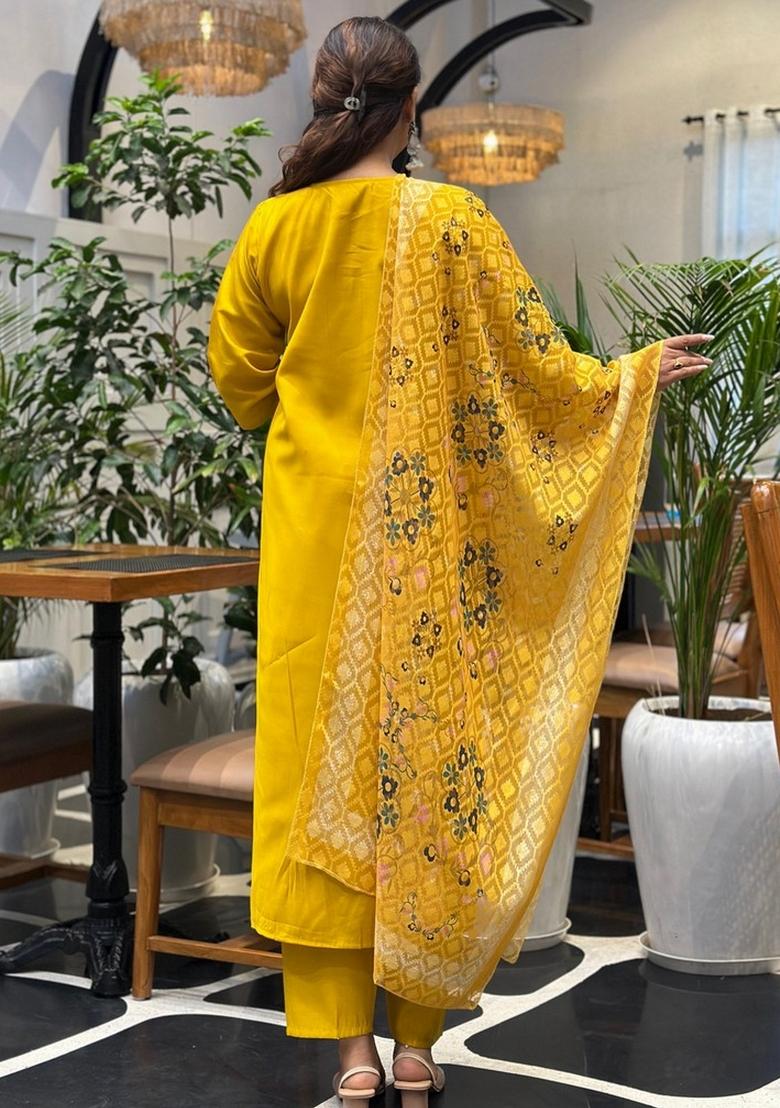 Yellow Sequin Work Silk Kurta Set - Indya