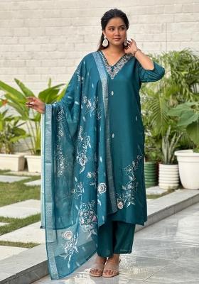Teal Blue Sequin Work Silk Kurta Set