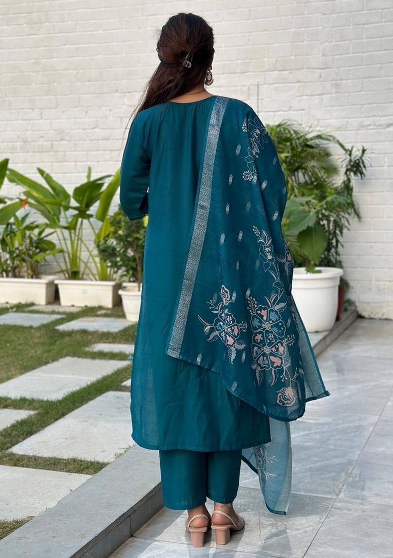 Teal Blue Sequin Work Silk Kurta Set - Indya