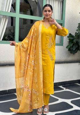 Yellow Sequin Work Silk Kurta Set