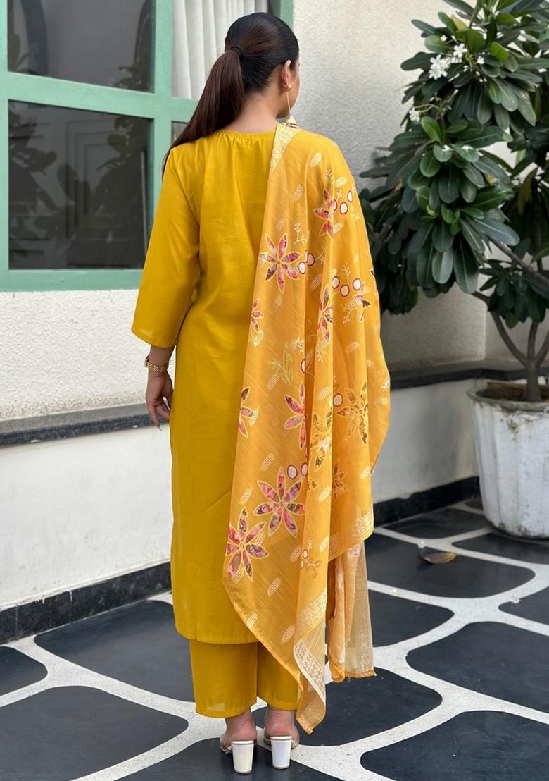 Yellow Sequin Work Silk Kurta Set - Indya