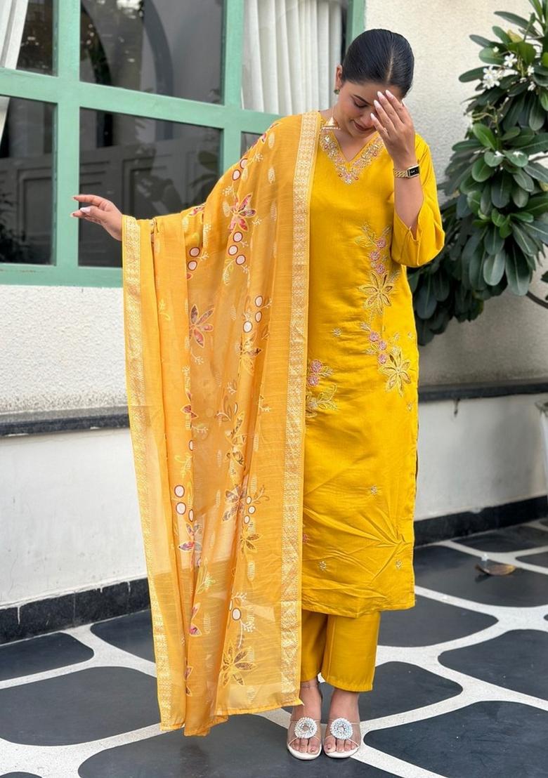 Yellow Sequin Work Silk Kurta Set - Indya