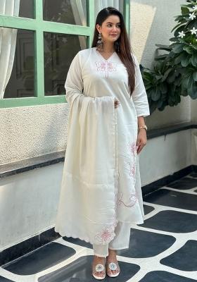 White Sequin Work Silk Kurta Set
