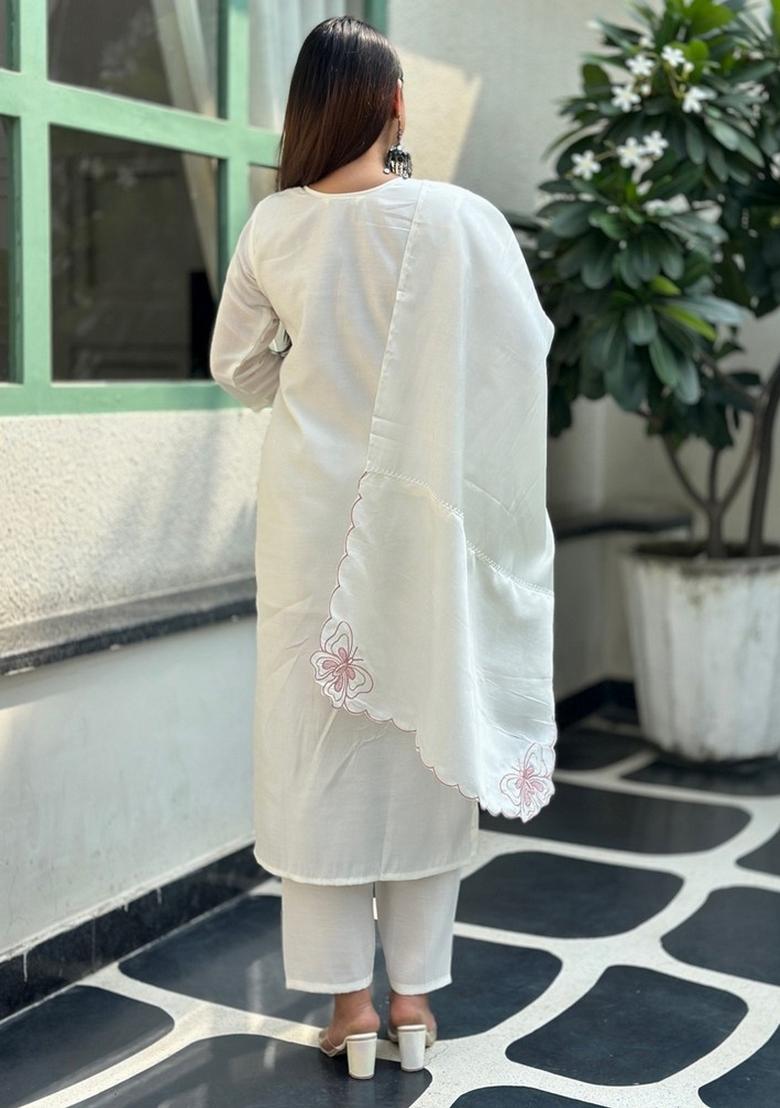 White Sequin Work Silk Kurta Set - Indya
