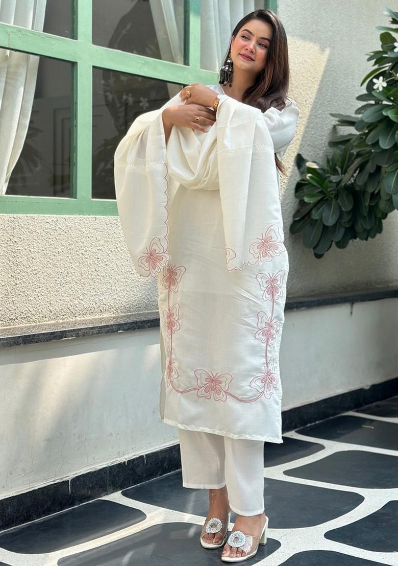 White Sequin Work Silk Kurta Set - Indya