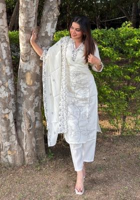 White Sequin Work Silk Kurta Set