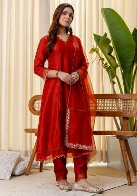 Rust Sequin Work Silk Kurta Set