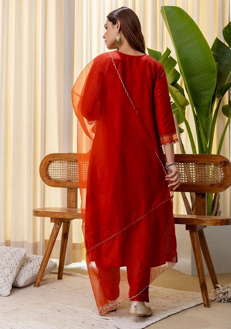 Rust Sequin Work Silk Kurta Set - Indya