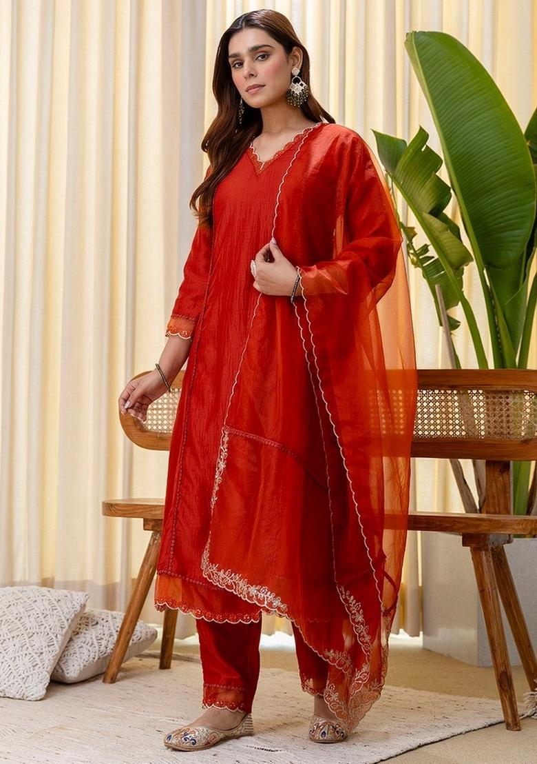 Rust Sequin Work Silk Kurta Set - Indya