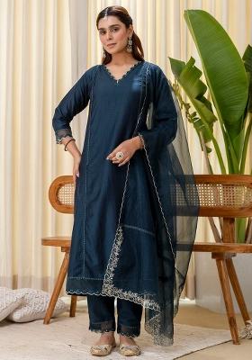 Teal Blue Sequin Work Silk Kurta Set